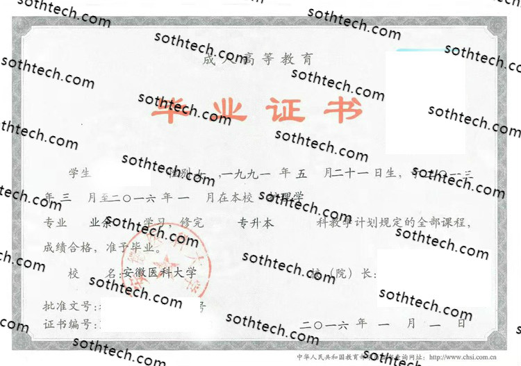 2016成教安徽医科大学毕业证样本