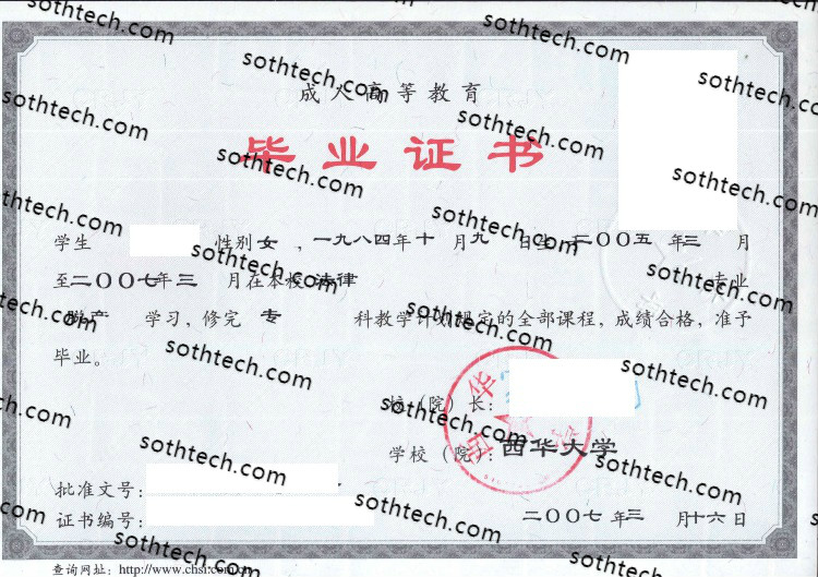 2007成教西华大学毕业证样本