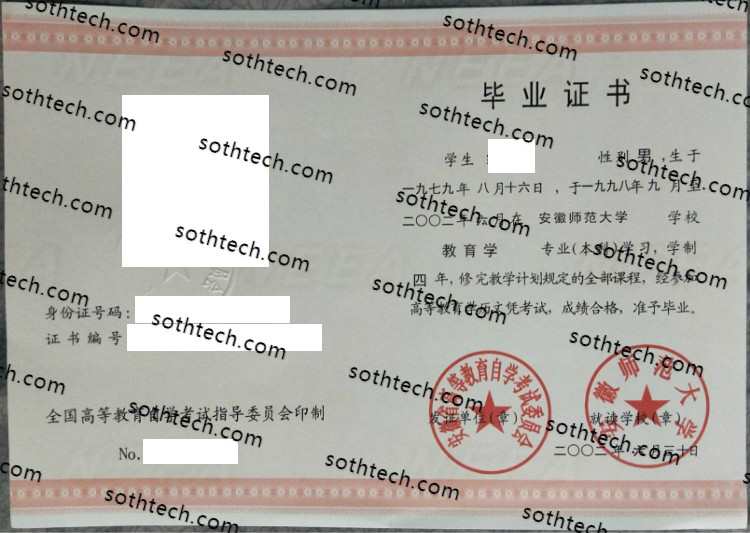 2002安徽师范大学自学考试毕业证样本