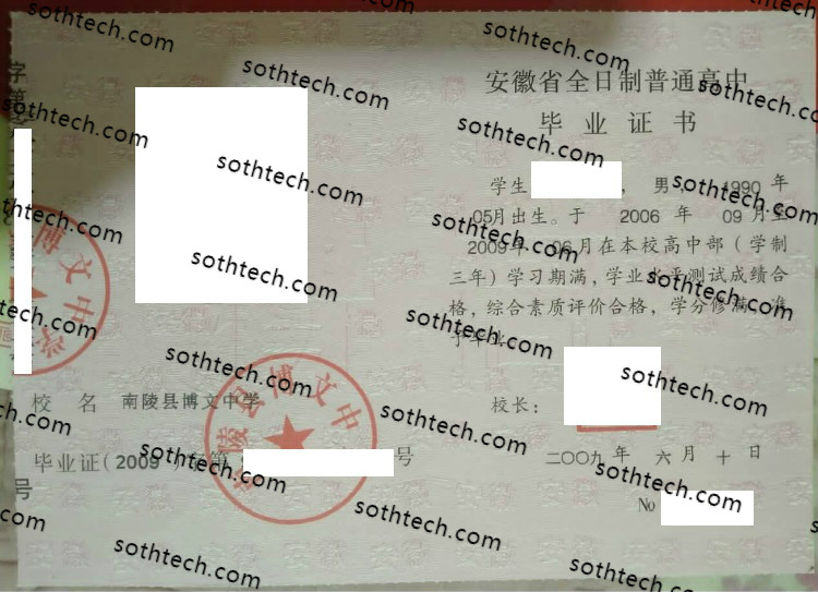 2009南陵县博文中学毕业证样本