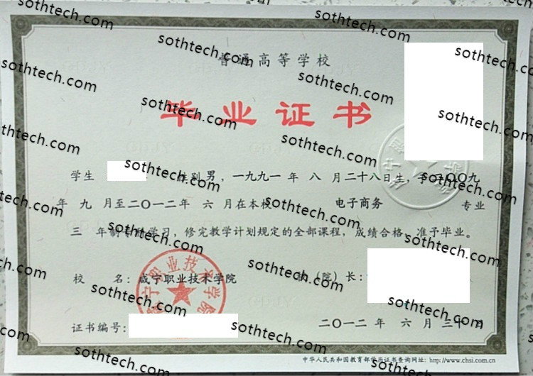 2012咸宁职业技术学院毕业证样本