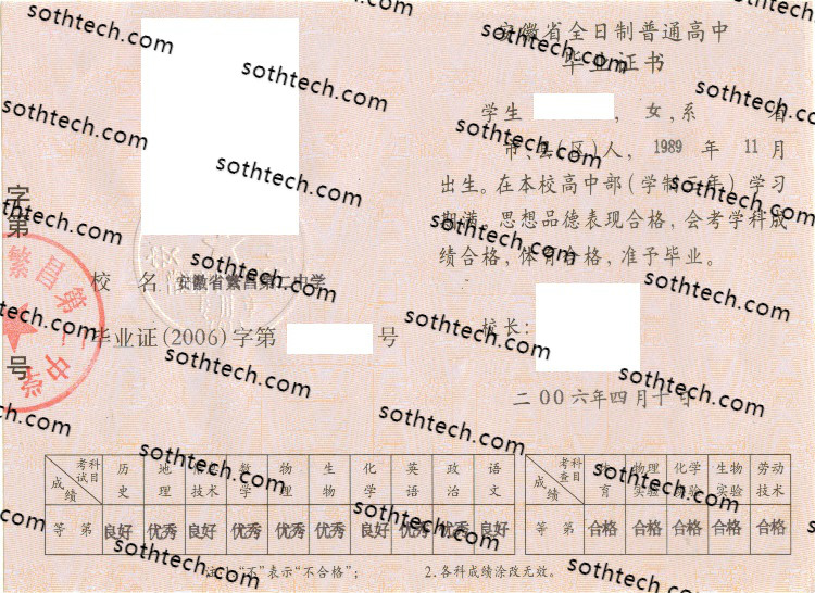 2006安徽省繁昌县第二中学毕业证样本