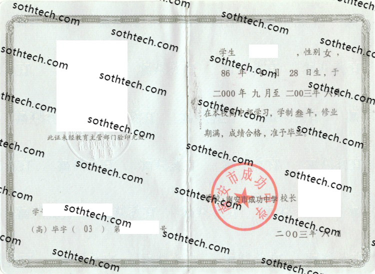 2003南安市成功中学毕业证样本