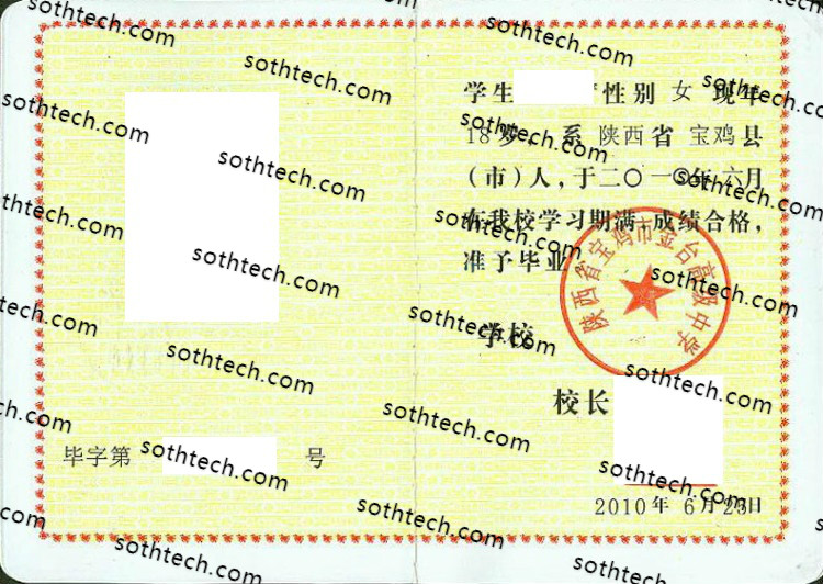 2010陕西省宝鸡市金台高级中学毕业证样本