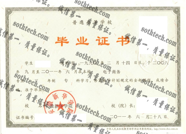 安徽新华学院毕业证样本