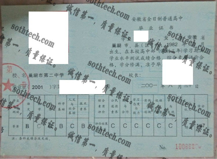 巢湖市第二中学毕业证样本