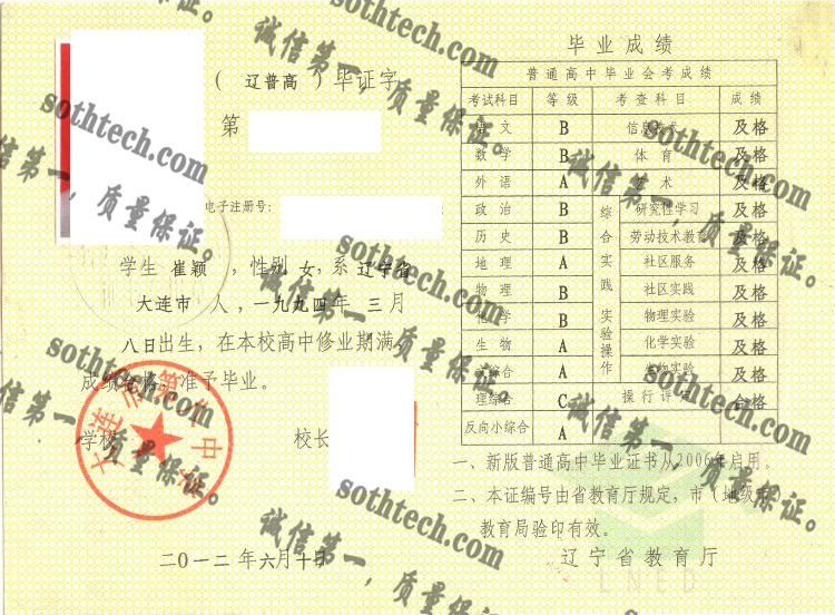 大连市第八中学毕业证样本