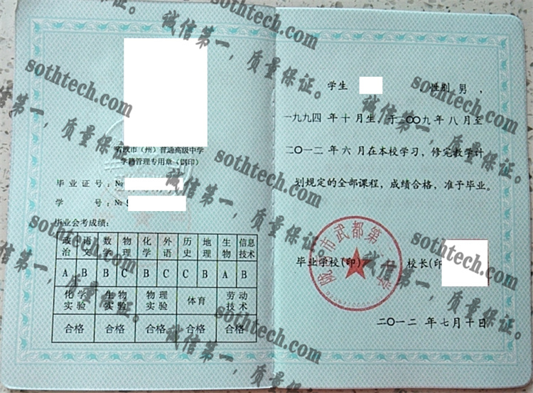 陇南市武都第二中学毕业证样本