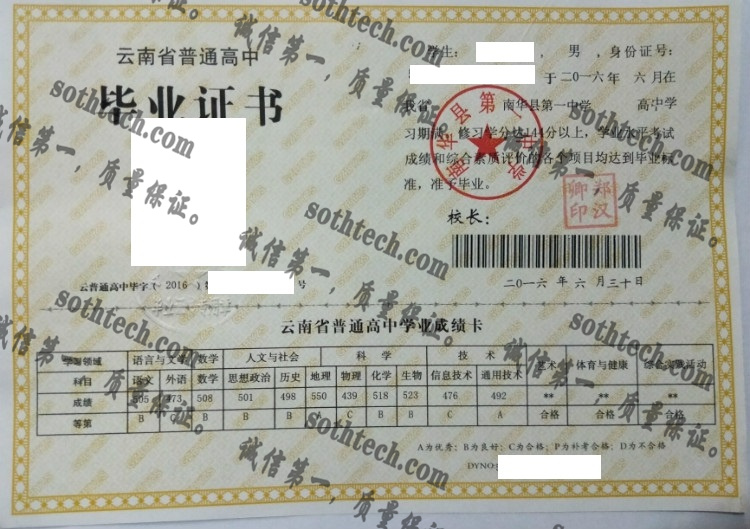 南华县第一中学毕业证样本