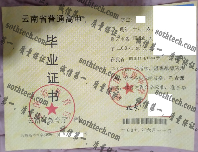 昭阳区乐居中学毕业证样本
