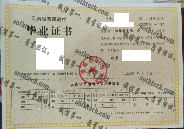 镇雄县大湾中学毕业证样本