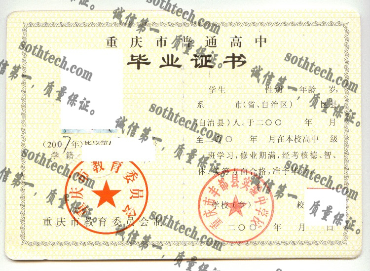 重庆市丰都实验中学校毕业证样本